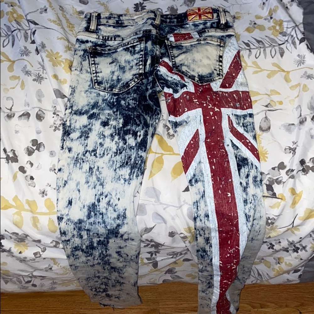 A pair of jeans with the British flag on them.